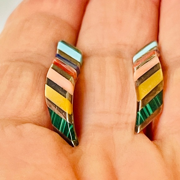 Zuni VTG Native American Sterling Turquoise Coral Onyx Opal Lapis Earrings - Picture 7 of 7